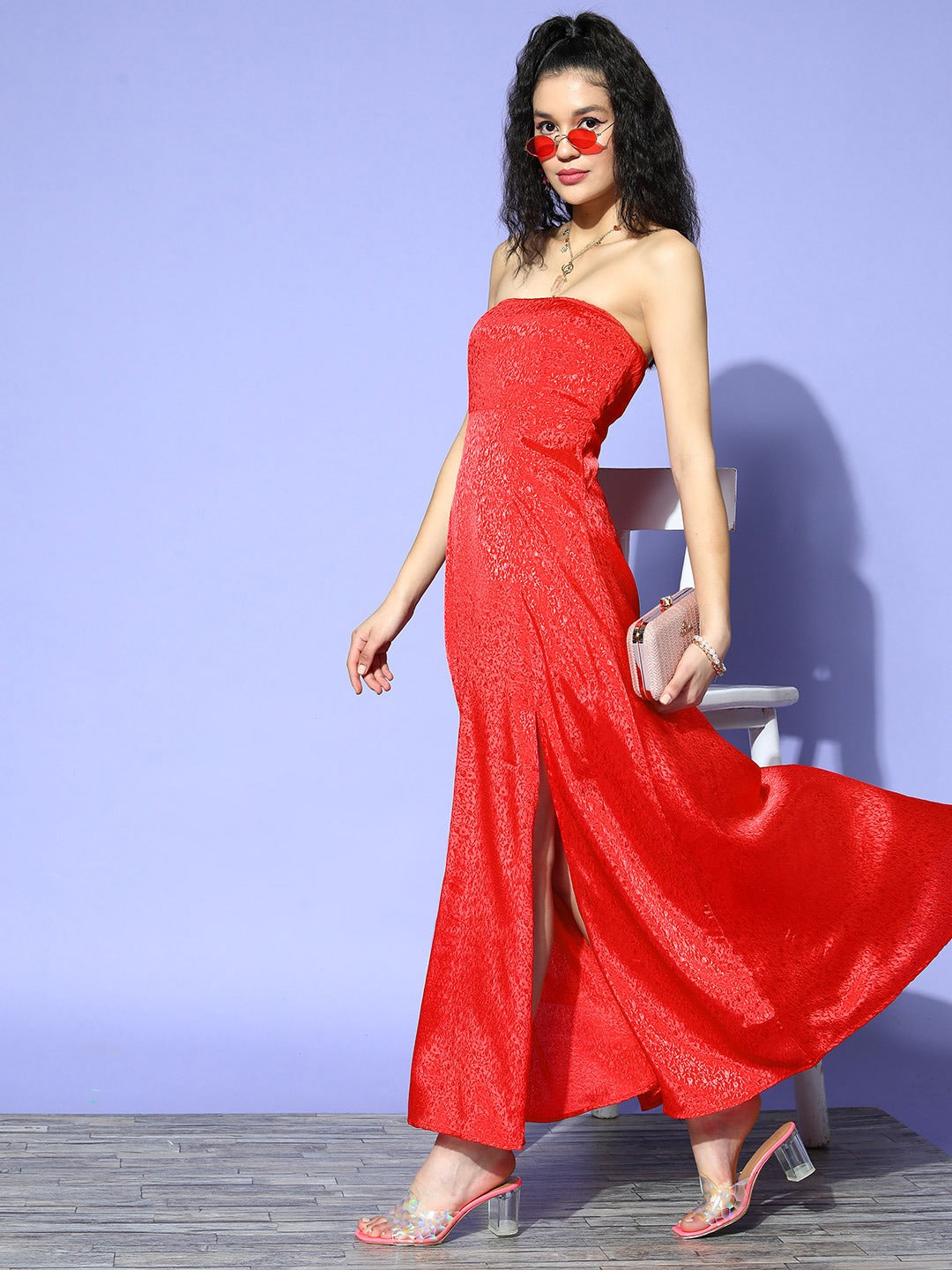 Women Red Floral Printed Strapless Neck Jacquard Thigh-High Slit