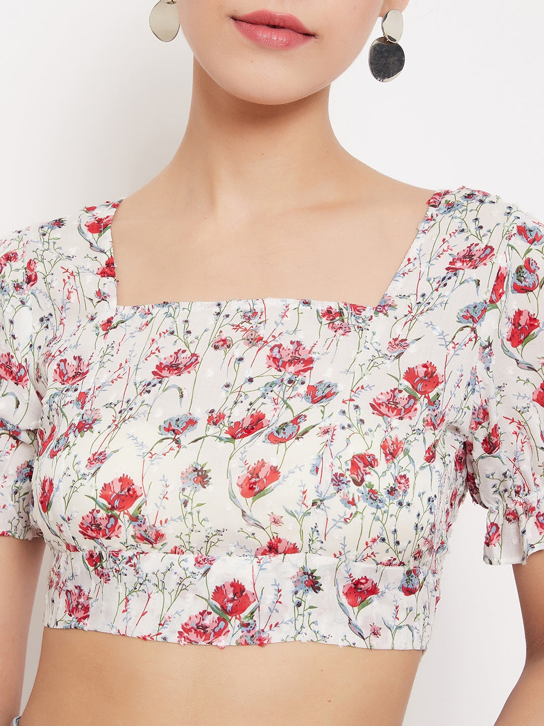 Berrylush Women White Floral Printed Backless Crop Top