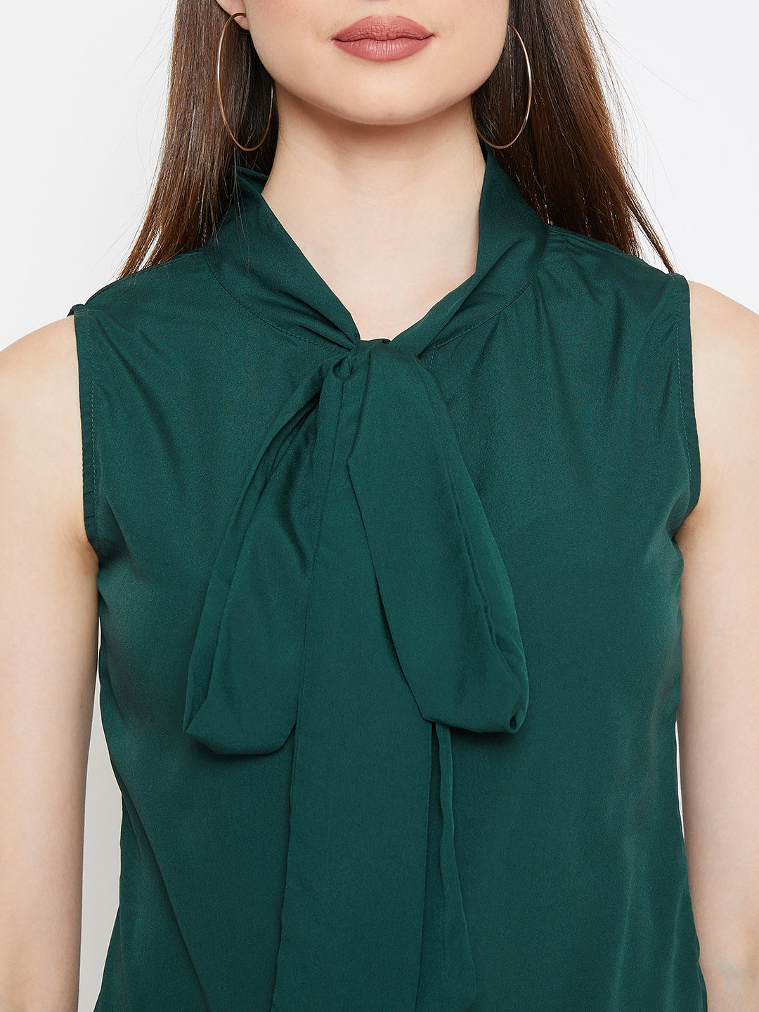 Berrylush Women Solid Green Sleeveless Front Tie-Knot Top
