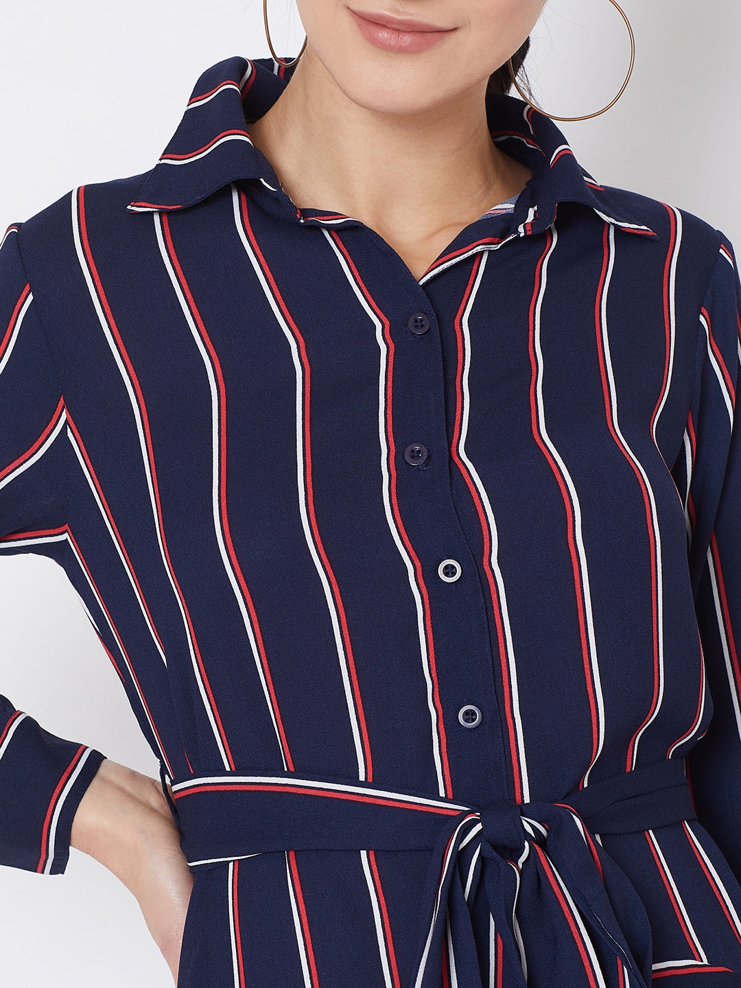 Berrylush Women Navy Blue & Red Striped Printed Collar Neck Waist Tie-Up Longline Shirt Top