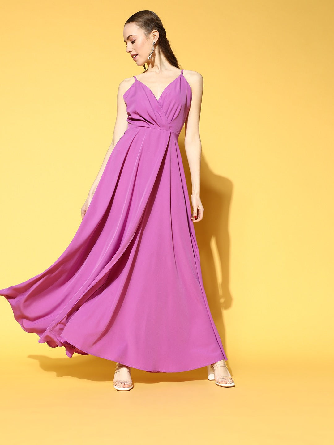 Berrylush Women Solid Pink V-Neck Pleated Wrap Maxi Dress