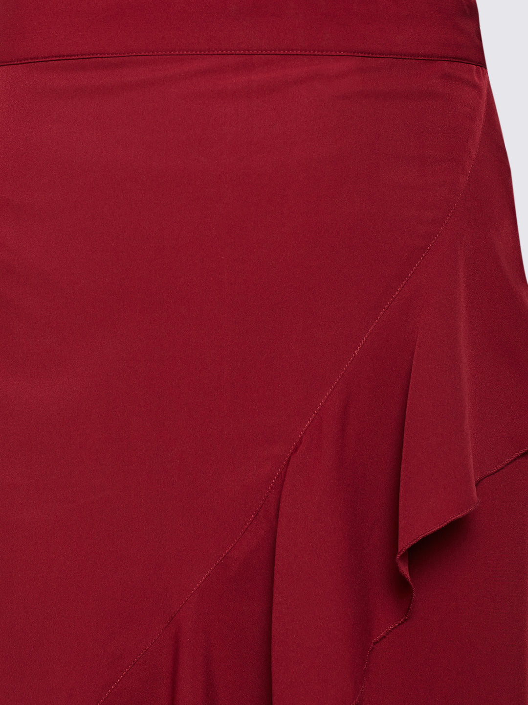 Berrylush Women Solid Maroon Waist Tie-Up Ruffled High-Low Wrap Maxi Skirt