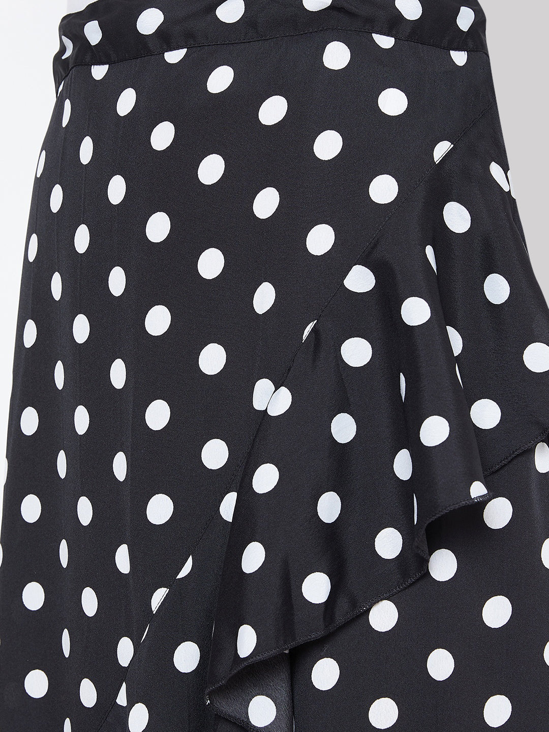 Berrylush Women Black Polka Dot Print Ruffled Wrap Midi Skirt