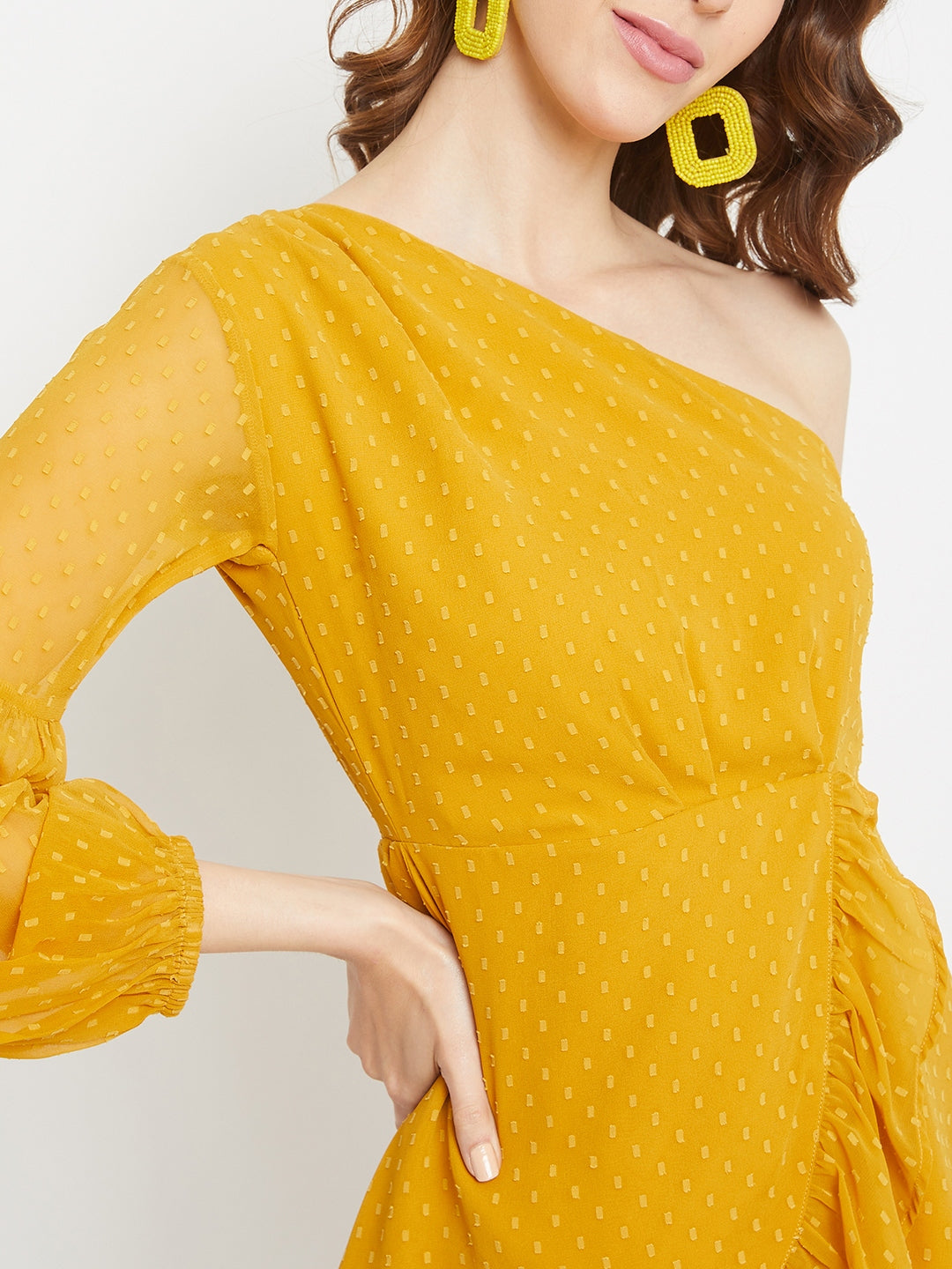 Berrylush Women Mustard Dotted One-Shoulder Fit & Flare Mini Dress