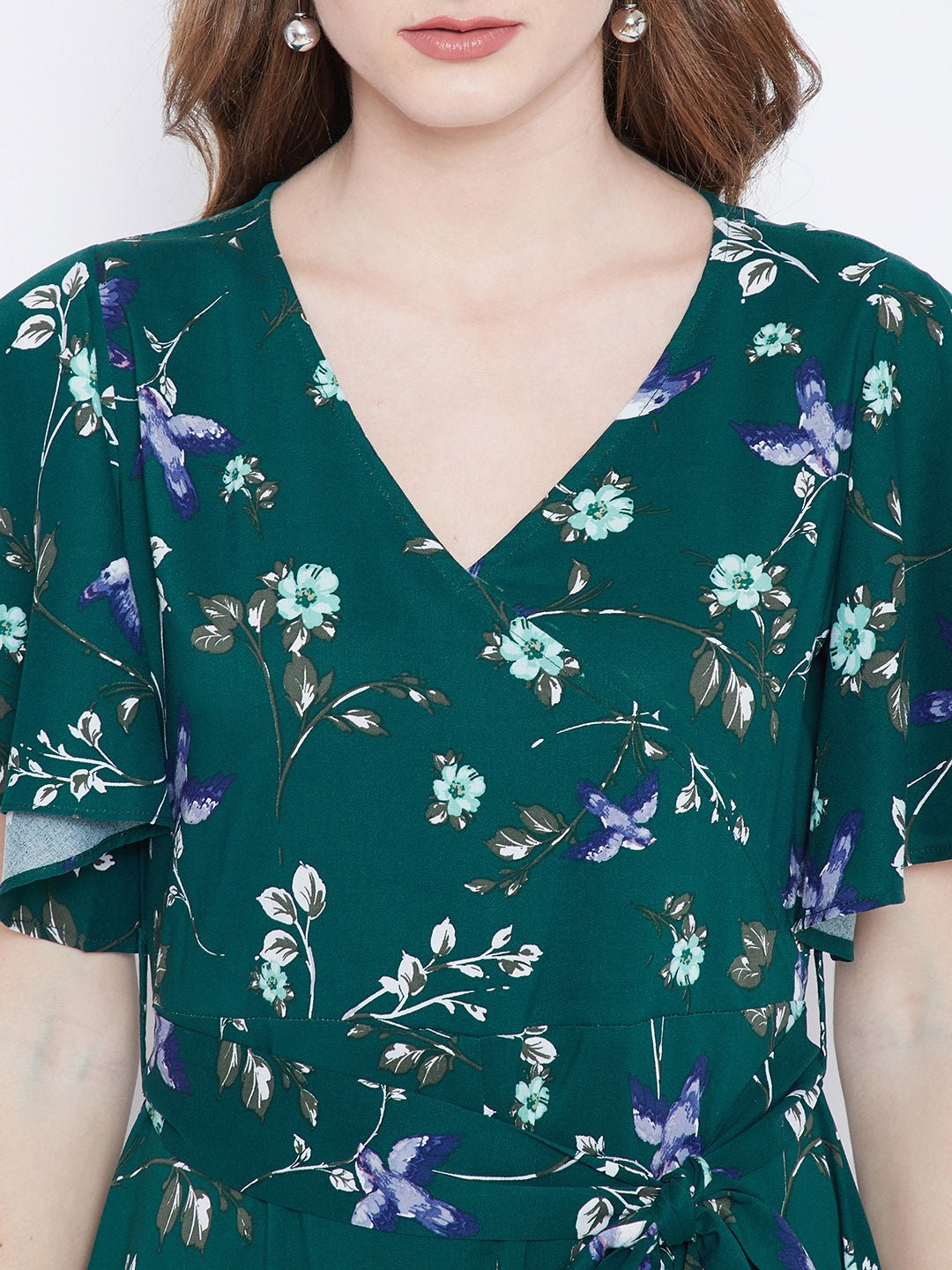 Berrylush Women Green Floral Printed V-Neck Waist Tie-Up Thigh-High Sl Berrylush Women Green Floral Printed V-Neck Waist Tie-Up Thigh-High Sl