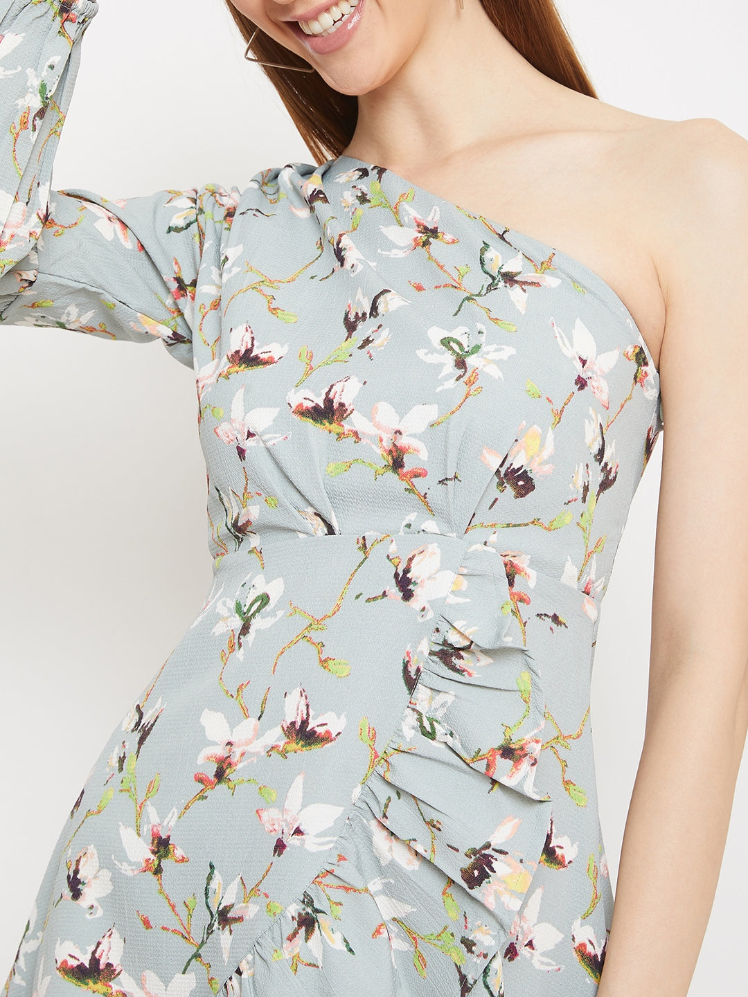 Berrylush Women Grey Floral One-Shoulder Fit & Flare Mini Dress