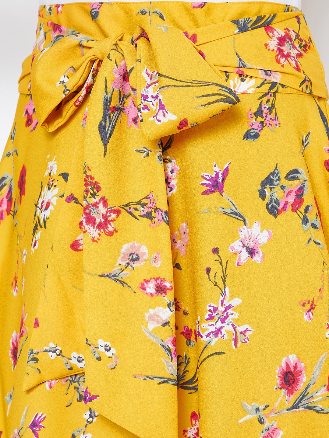 Berrylush Women Yellow & Pink Floral Printed Bow Tie Waist Flared Maxi Skirt