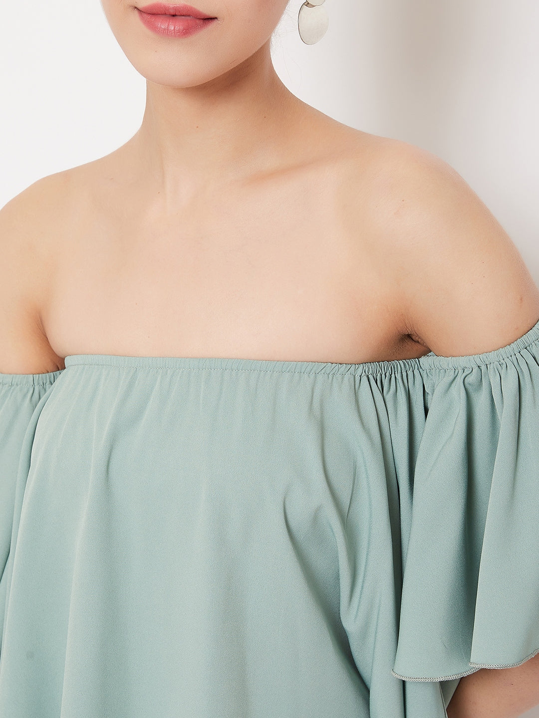 Berrylush Women Solid Green Off Shoulder Strapless Bardot Top