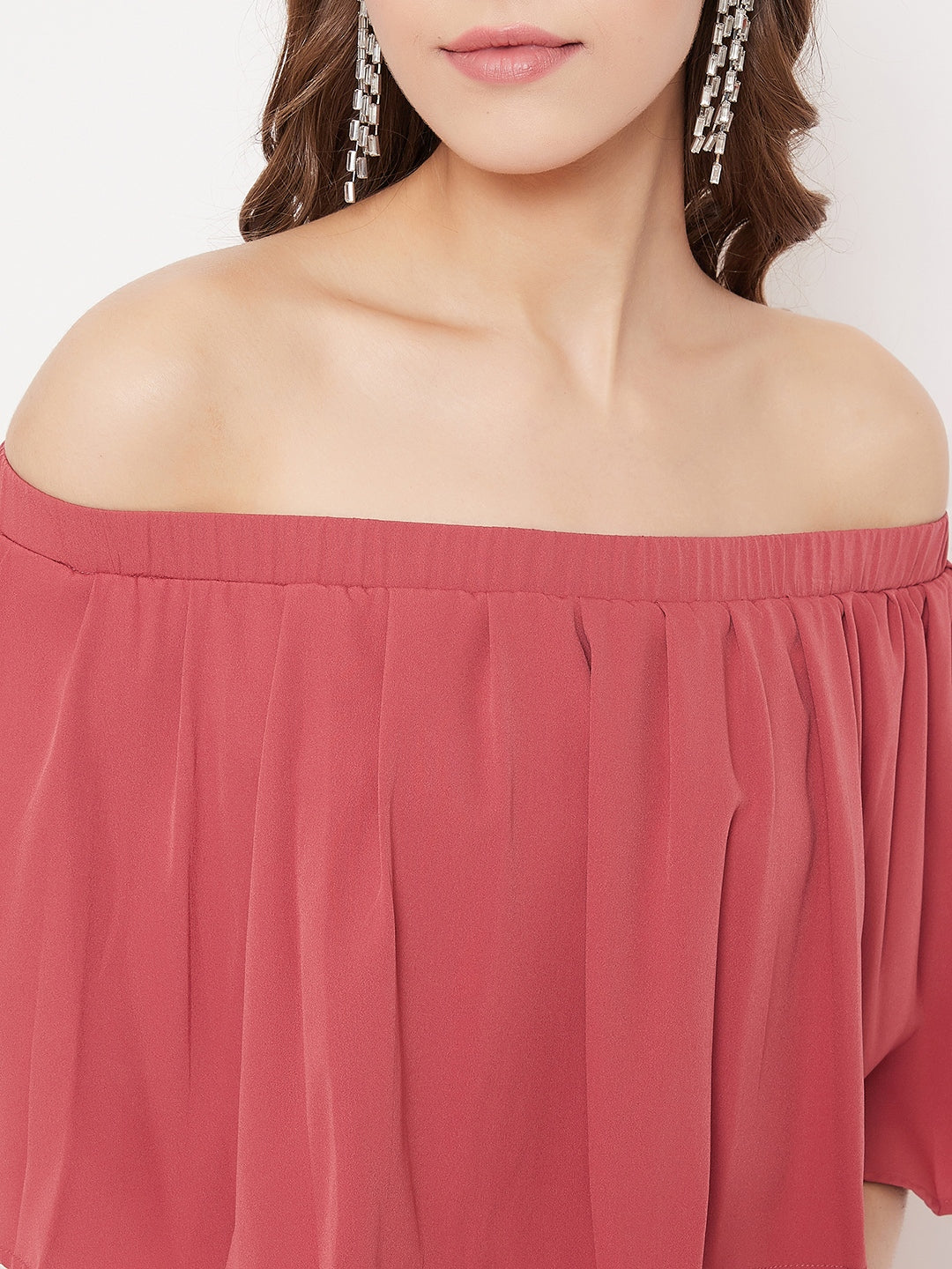 Berrylush Women Solid Dark Pink Off-Shoulder Neck Three-Quarter Sleeves Crepe Flared Maxi Dress