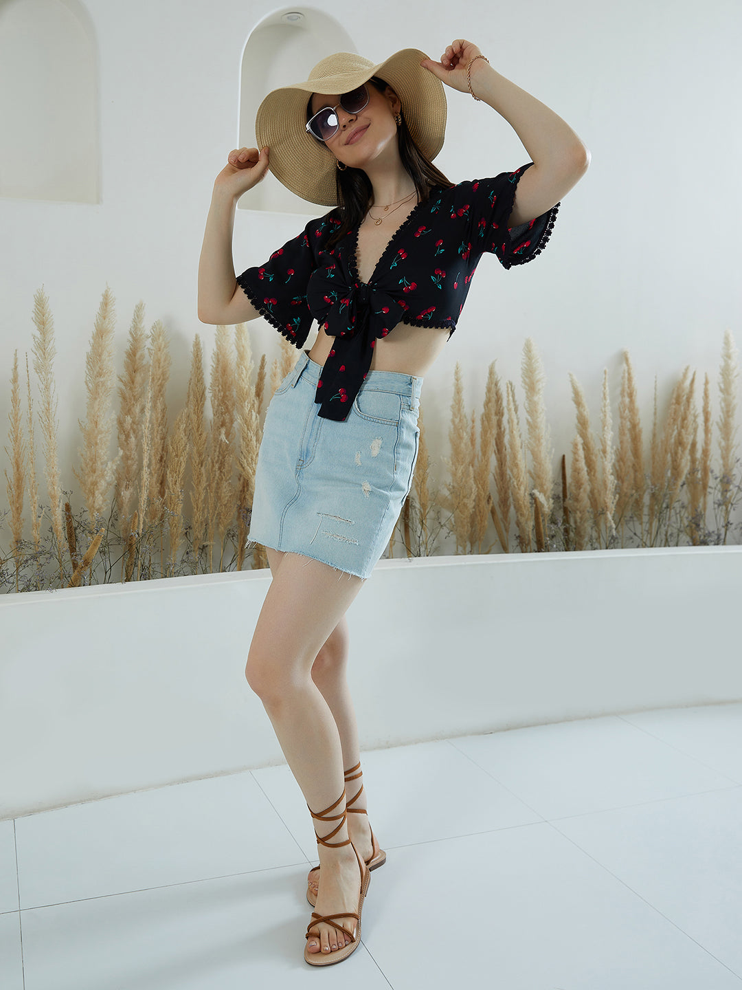 Berrylush Women Black & Red Cherry Printed V-Neck Lace Waist Tie-Up Shirt-Styled Crop Top