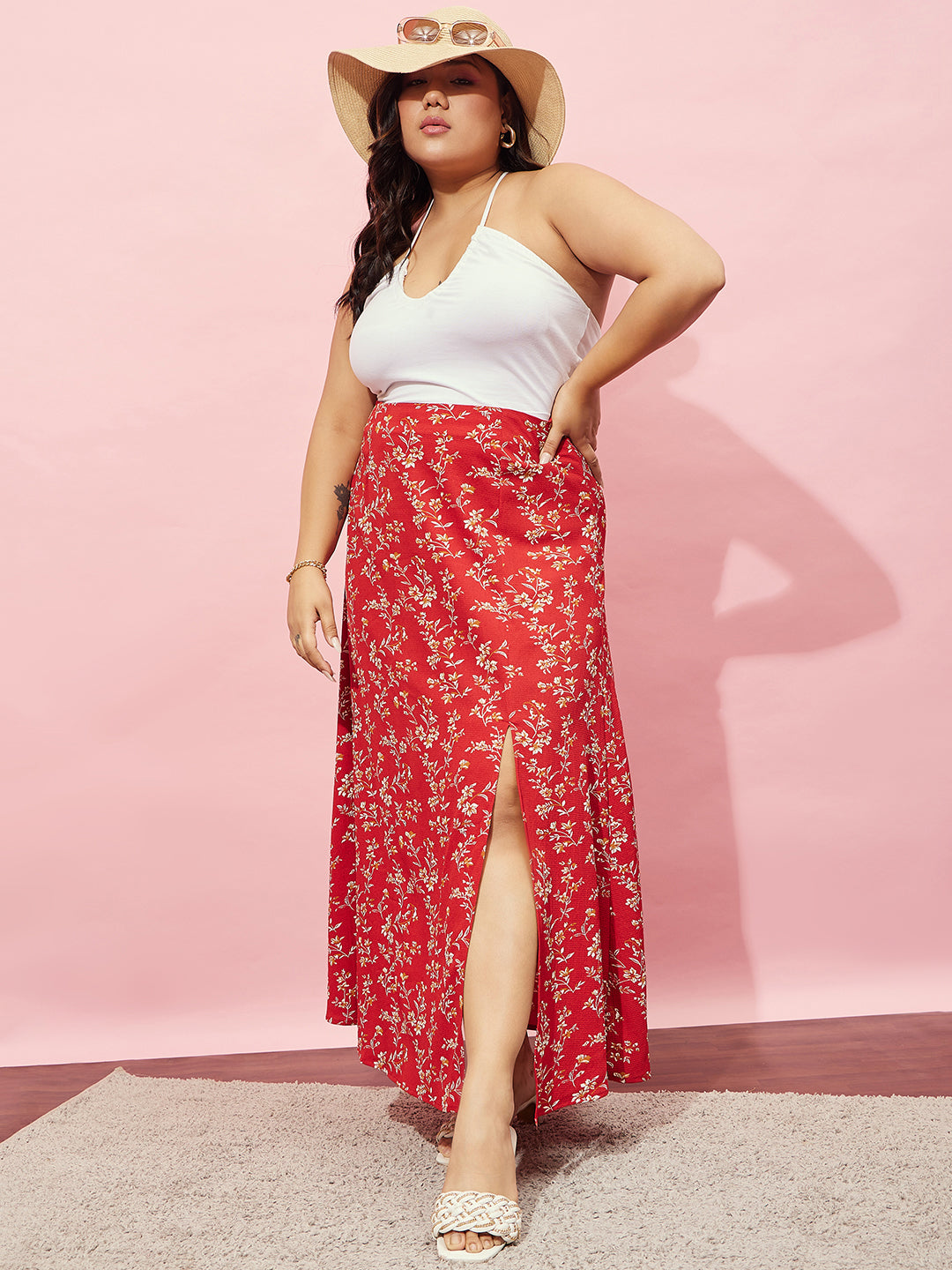 Women Plus Size Red White Floral Printed High-Rise Waist Thigh-High Slit Flared A-Line Maxi Skirt Berrylush