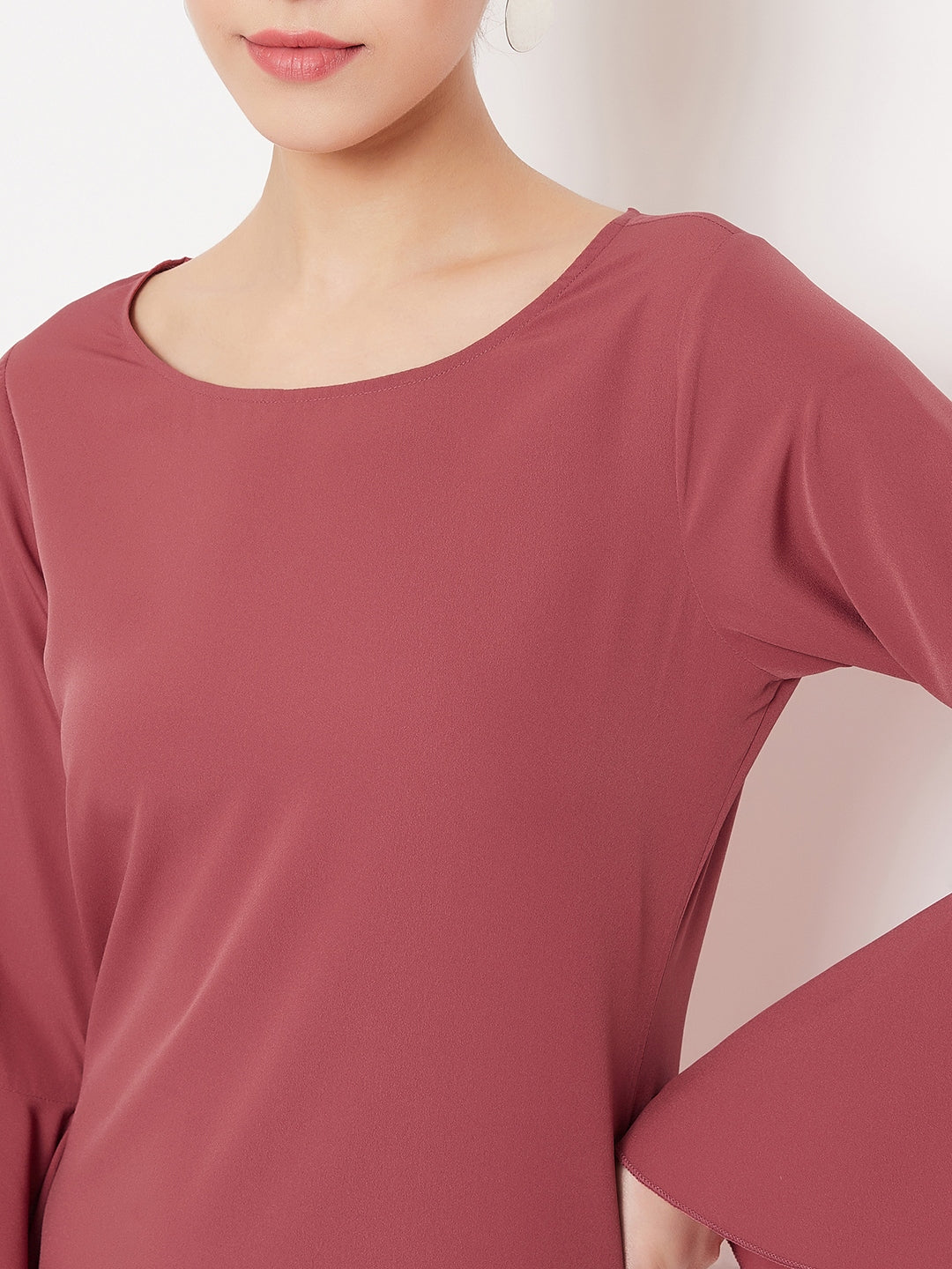 Berrylush Women Solid Dark Pink Round Neck Bell Sleeves Crepe Flared A-Line Mini Dress