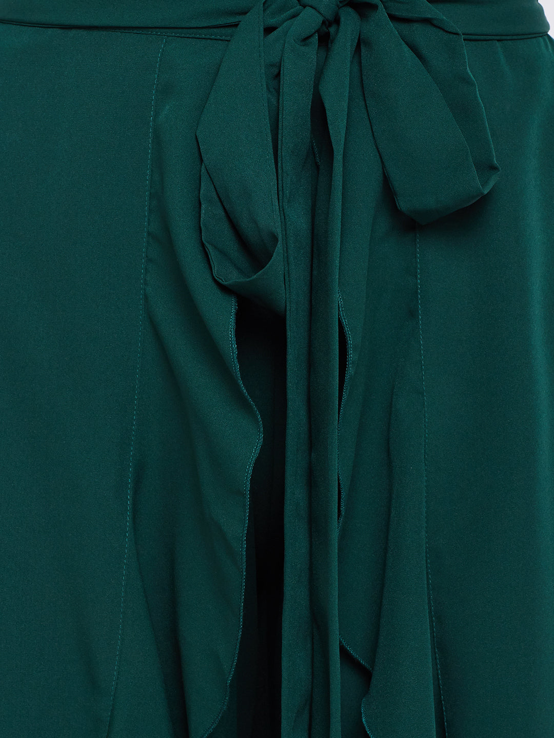 Green Solid Ruffled Wrap Maxi Skirt with Attached Palazzo - Berrylush