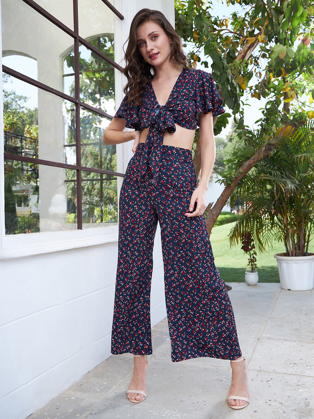Berrylush Women Navy Blue & Red Ditsy Floral Printed V-Neck Front Tie-Up  Butterfly Sleeve Cropped Top & Wide-Leg Pants Co-Ord Set