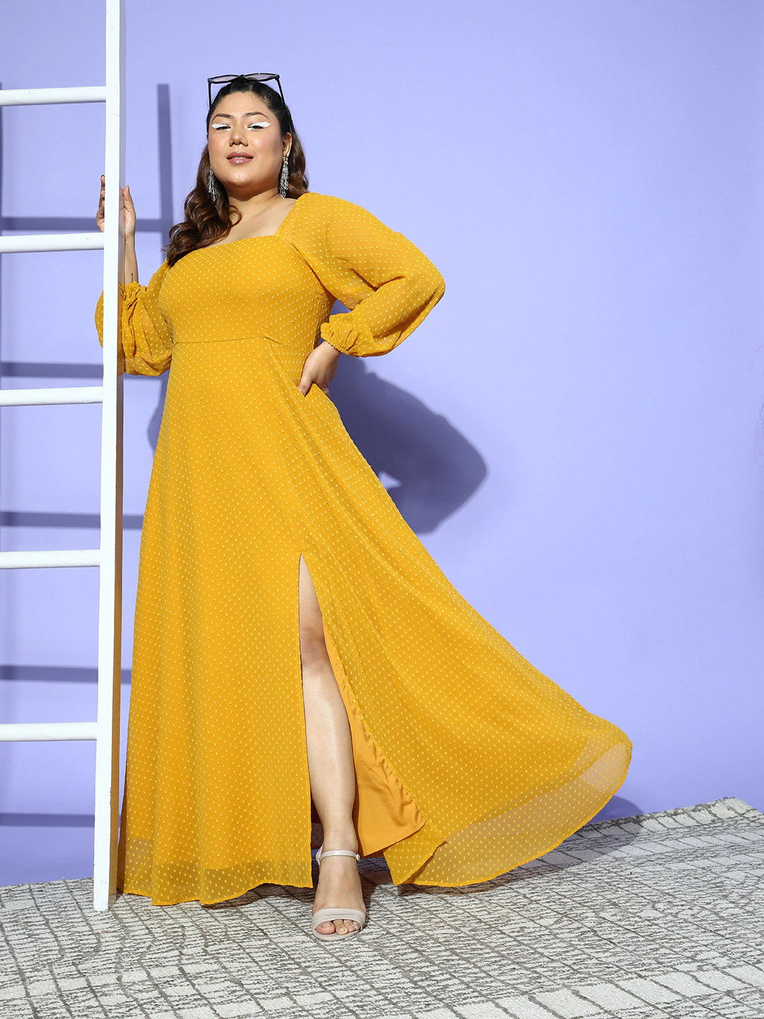 Women Plus Size Solid Mustard Yellow Dobby Weave Square Neck Thigh-High ...