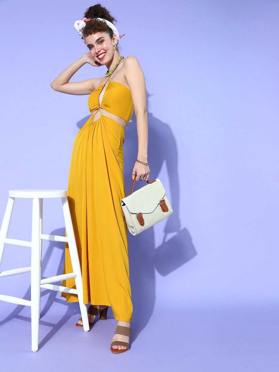 Berrylush Women Solid Mustard Yellow Halter Neck Front Cutout Crepe Flared Maxi Dress