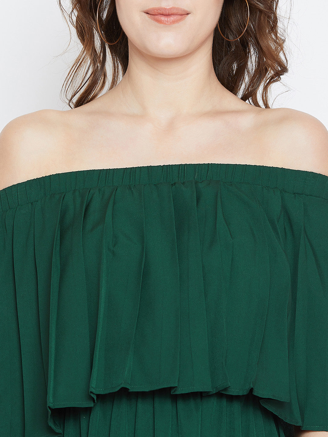 Berrylush Women Solid Green Off-Shoulder Neck Flared Sleeve Pleated Ma Berrylush Women Solid Green Off-Shoulder Neck Flared Sleeve Pleated Ma