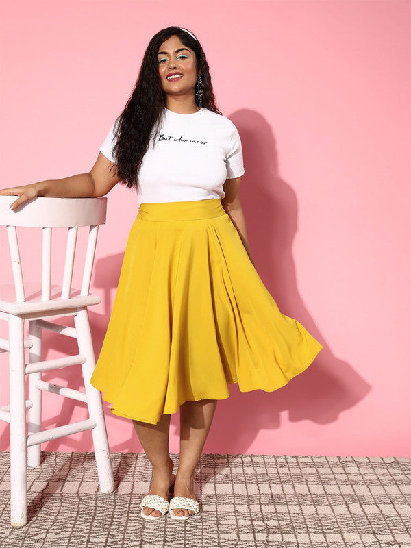 Berrylush Women Plus Size Solid Yellow Polyester Slip-On High-Rise Waist  Flared Midi Skirt