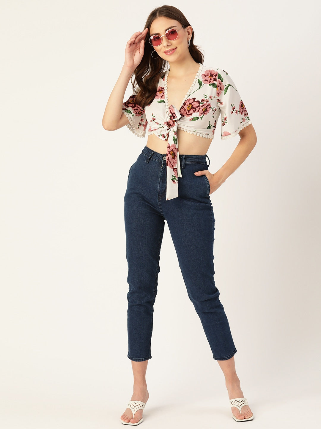 Berrylush Women White & Pink Floral Printed Tie Front Lace Trim Crop Top