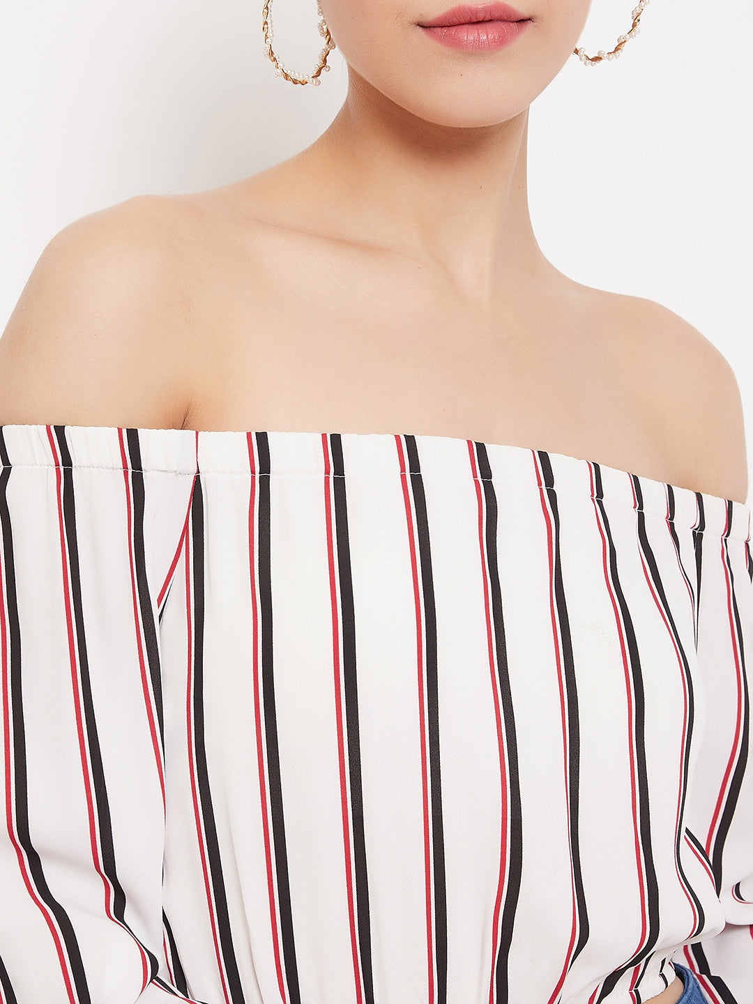Berrylush Women White & Black Stripe Printed Off-Shoulder Neck Tie-Up Cropped Bardot Top