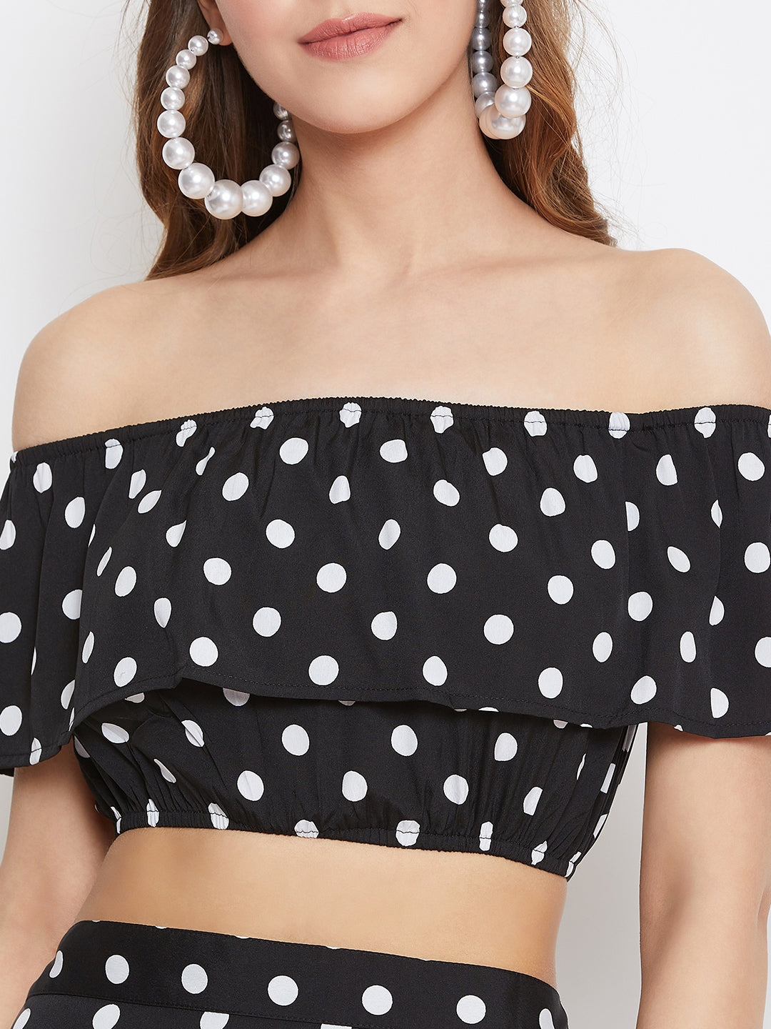 Berrylush Women Black & White Polka Dot Printed Off-Shoulder Co-Ordinate Maxi Dress
