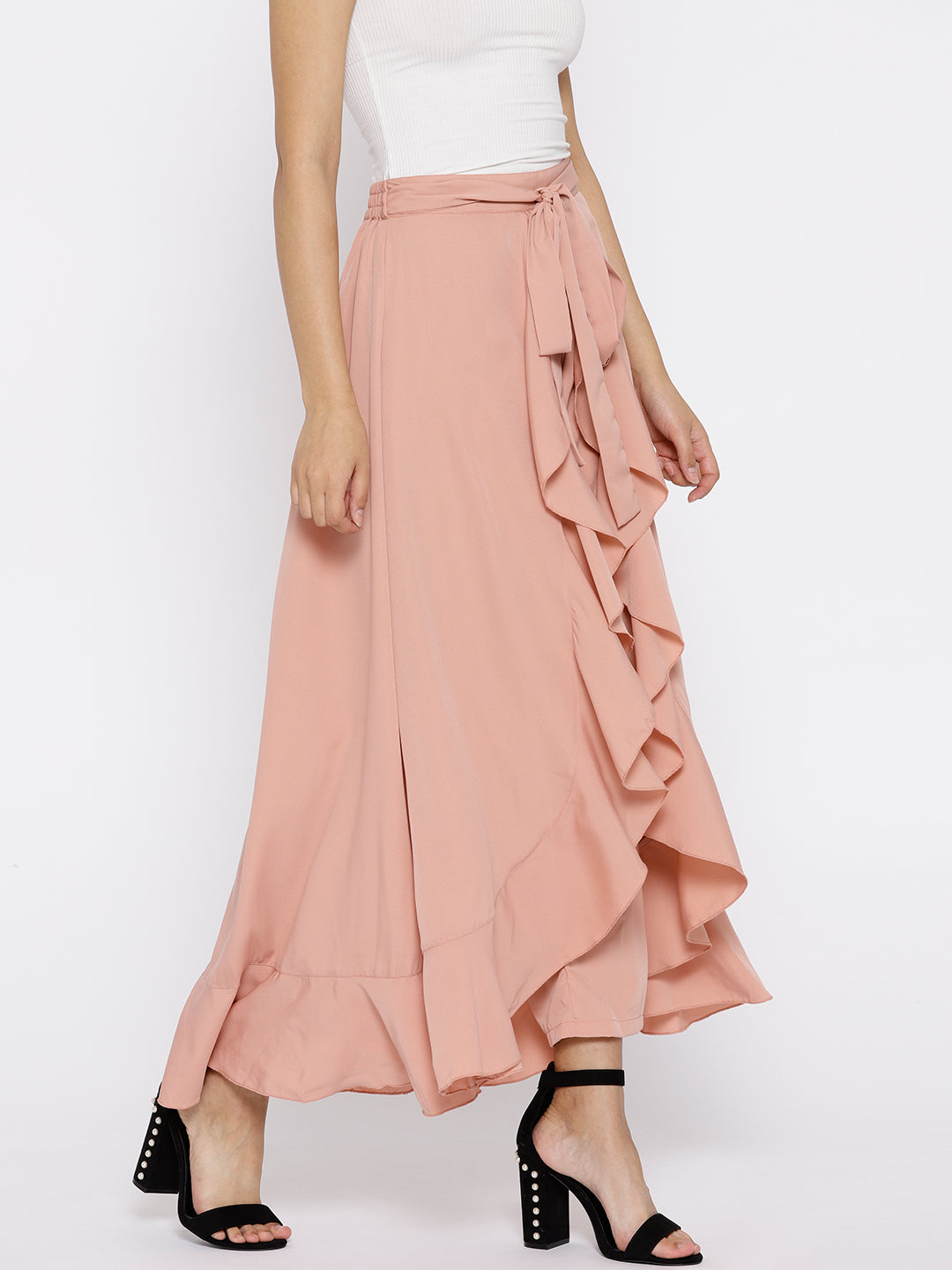 Dusty Pink Solid Ruffled Maxi Skirt with Attached Trousers - Berrylush