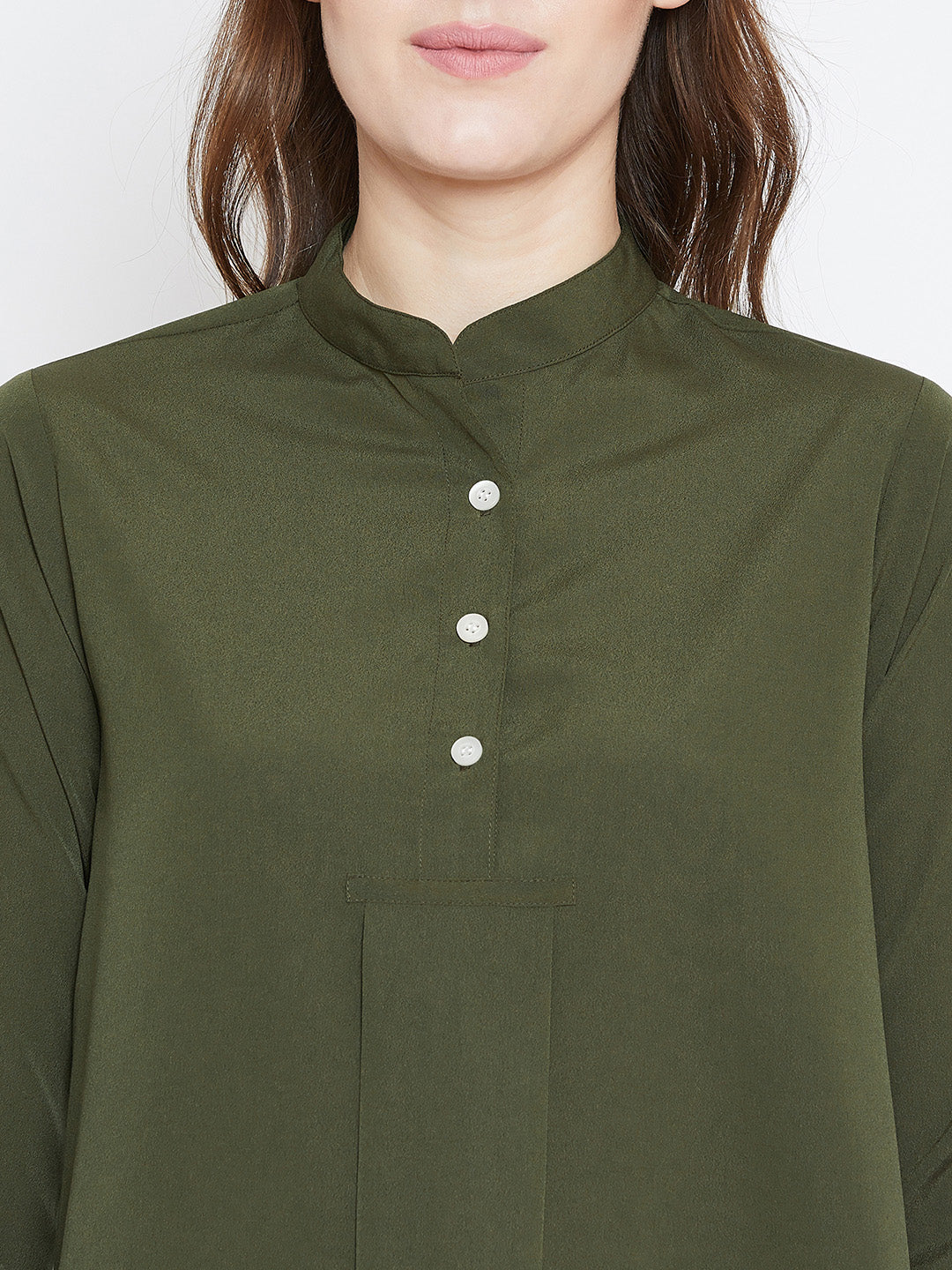 Berrylush Women Solid Olive Green Mandarin Collar High-Low Longline Top