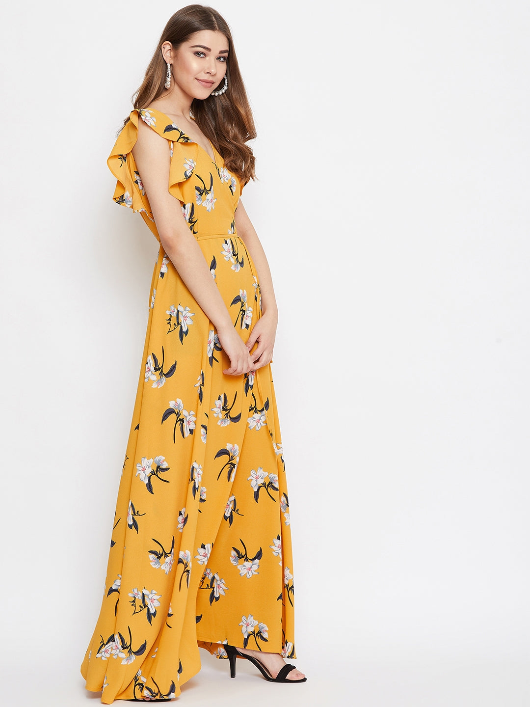 Berrylush Women Yellow Floral Printed V-Neck Thigh-High Slit Flared Wrap Maxi Dress