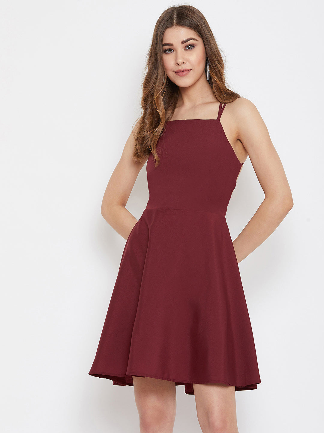 Berrylush Women Solid Maroon Square-Neck Caged Back Tie-Ups Fit & Flare Mini Dress