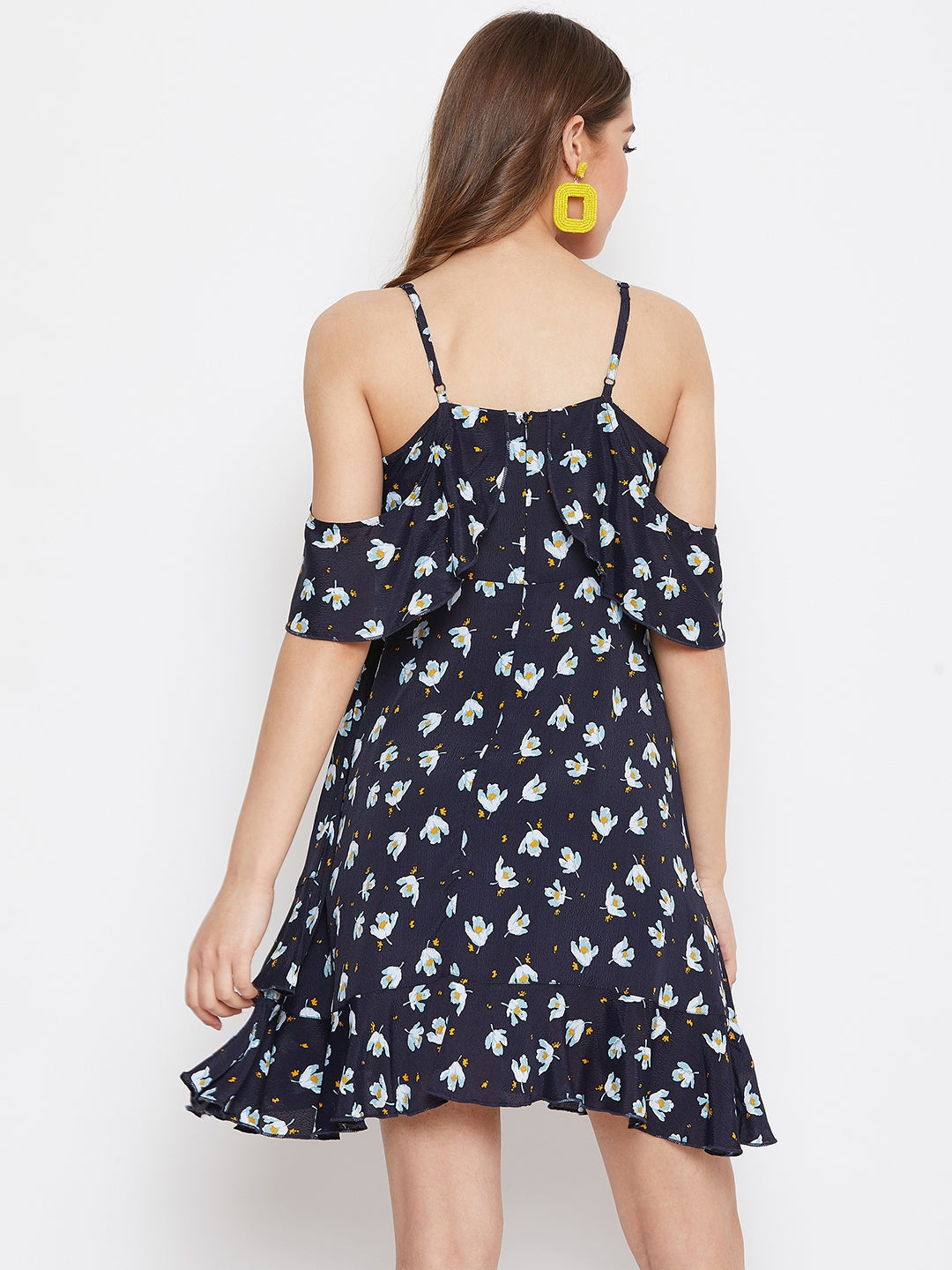 Berrylush Women Navy Blue & Beige Floral Printed V-Neck Ruffled Fit & Flare Mini Dress