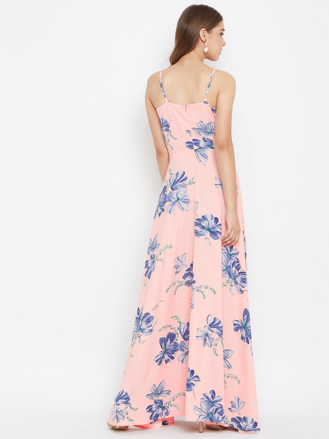 Women Pink & Blue Floral Printed V-Neck Flared Maxi Dress