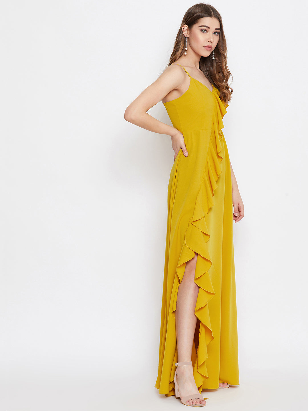 Berrylush Women Solid Yellow Front Frill V-Neck Thigh-High Slit Maxi D