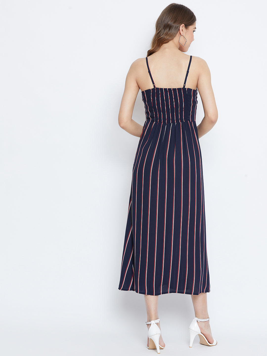 Berrylush Women Navy Blue & Red Striped Pattern Square Neck Fit & Flar Berrylush Women Navy Blue & Red Striped Pattern Square Neck Fit & Flar