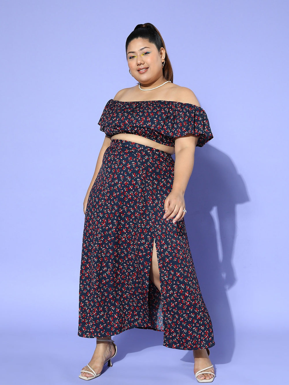 Navy blue Women Floral Printed Crop Top with Solid Maxi Skirt