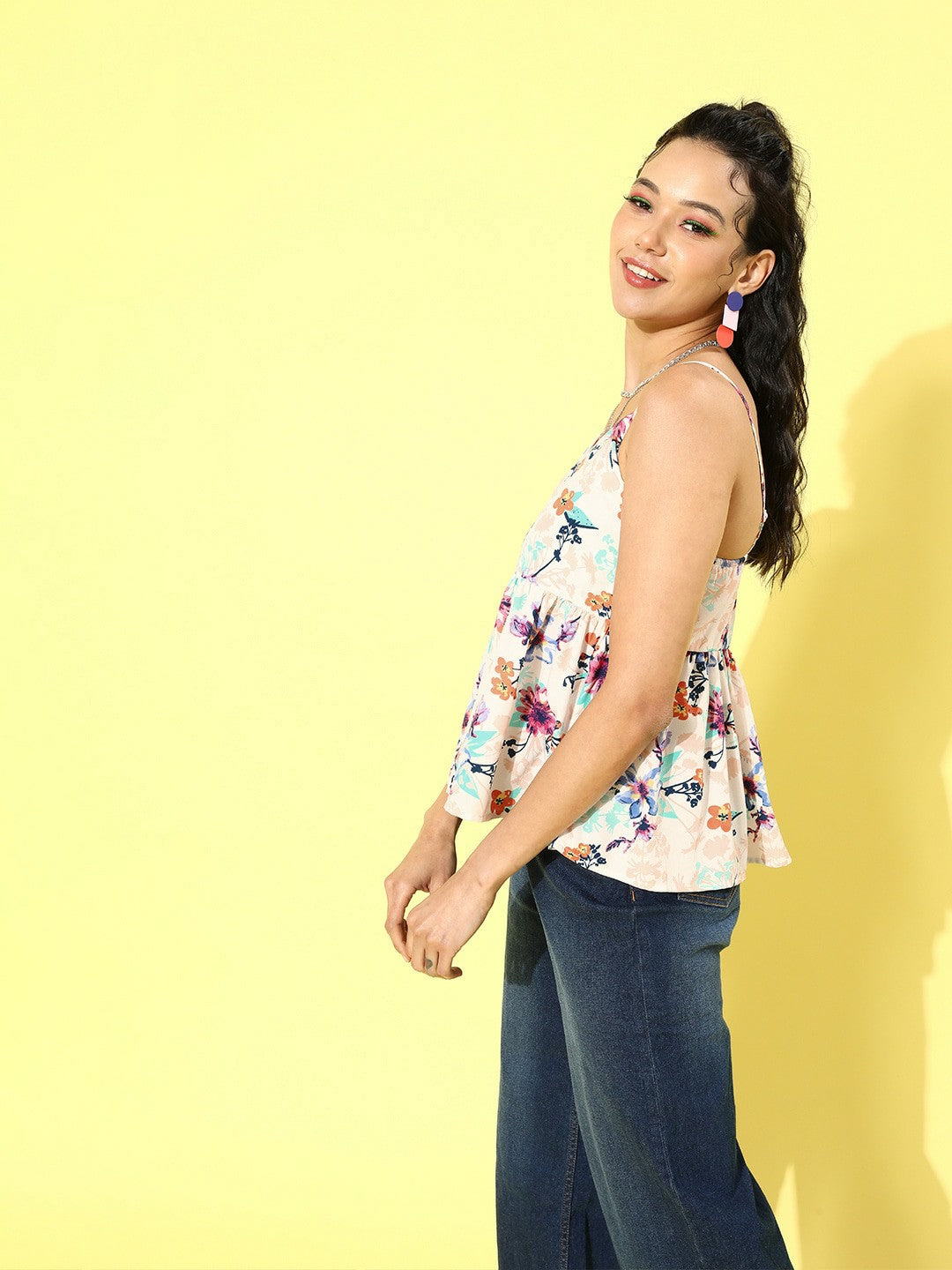 Berrylush Women White & Blue Floral Printed Crepe Peplum Top