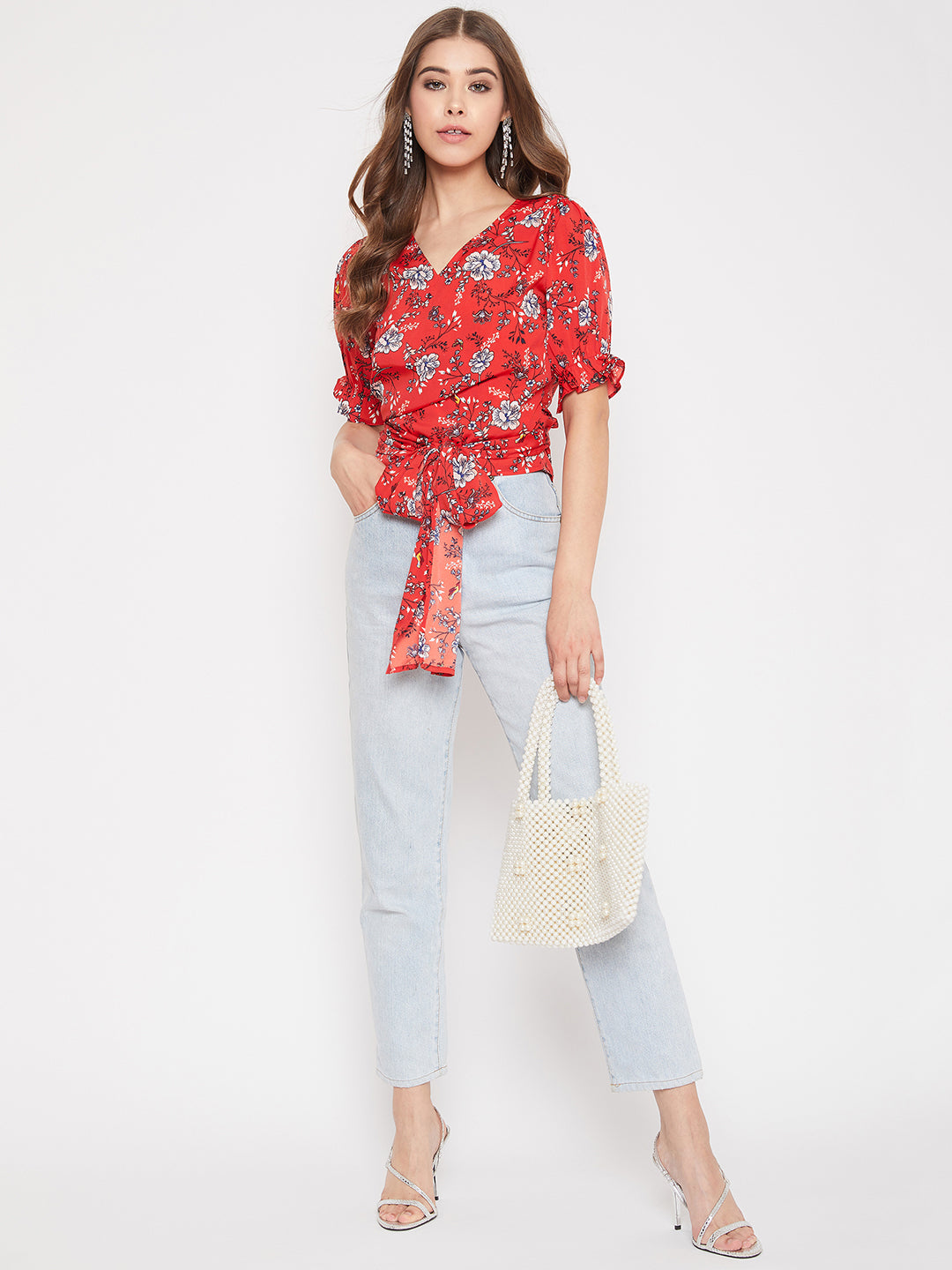 Berrylush Women Red & White Floral Printed V-Neck Tie-Up Knot Wrap Top