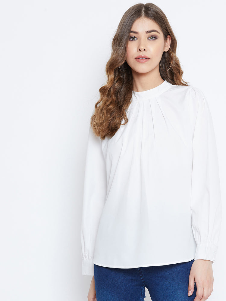 Women Solid White High-Neck Pleated Top - Berrylush