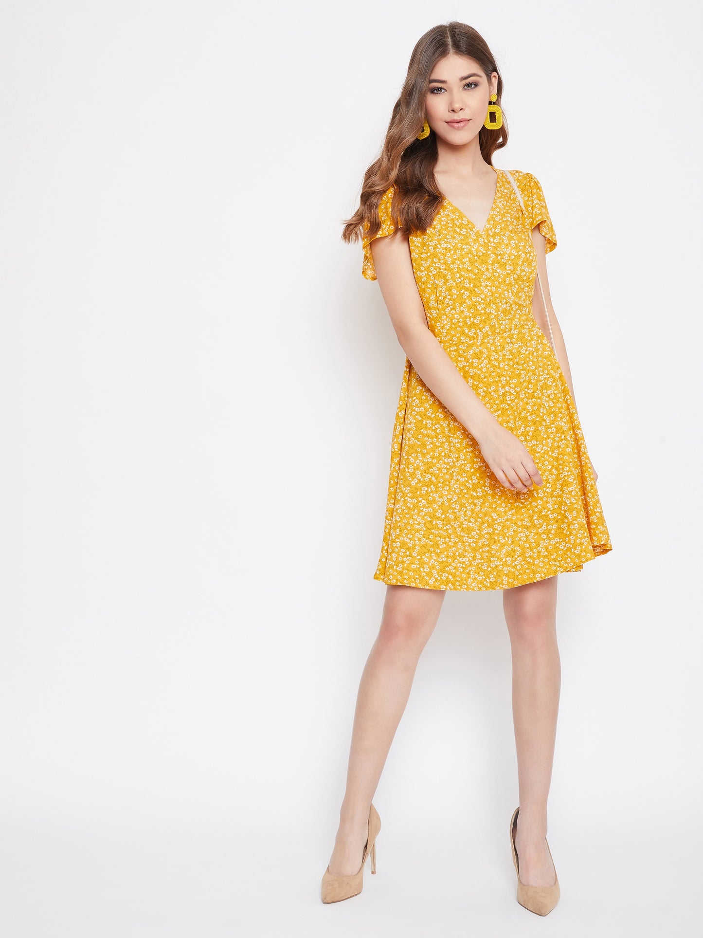 Berrylush Women Yellow Floral Printed A-Line Wrap Mini Dress