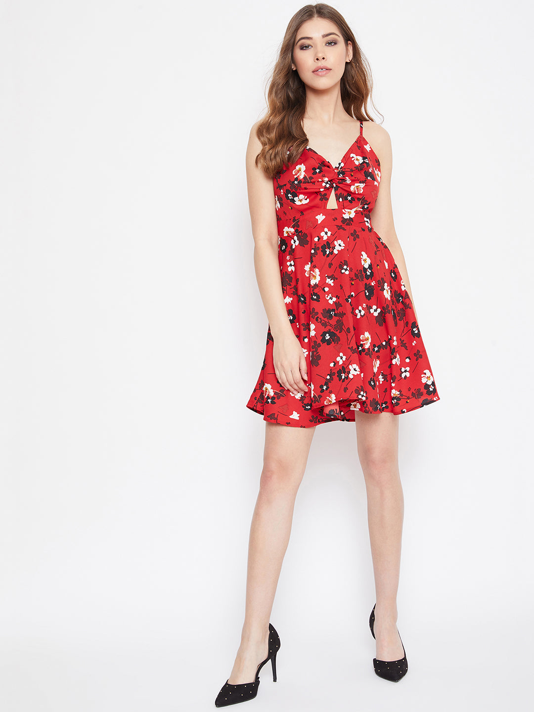 Berrylush Women Red Floral Printed V-Neck Front Twist Knot Fit & Flare Mini Dress
