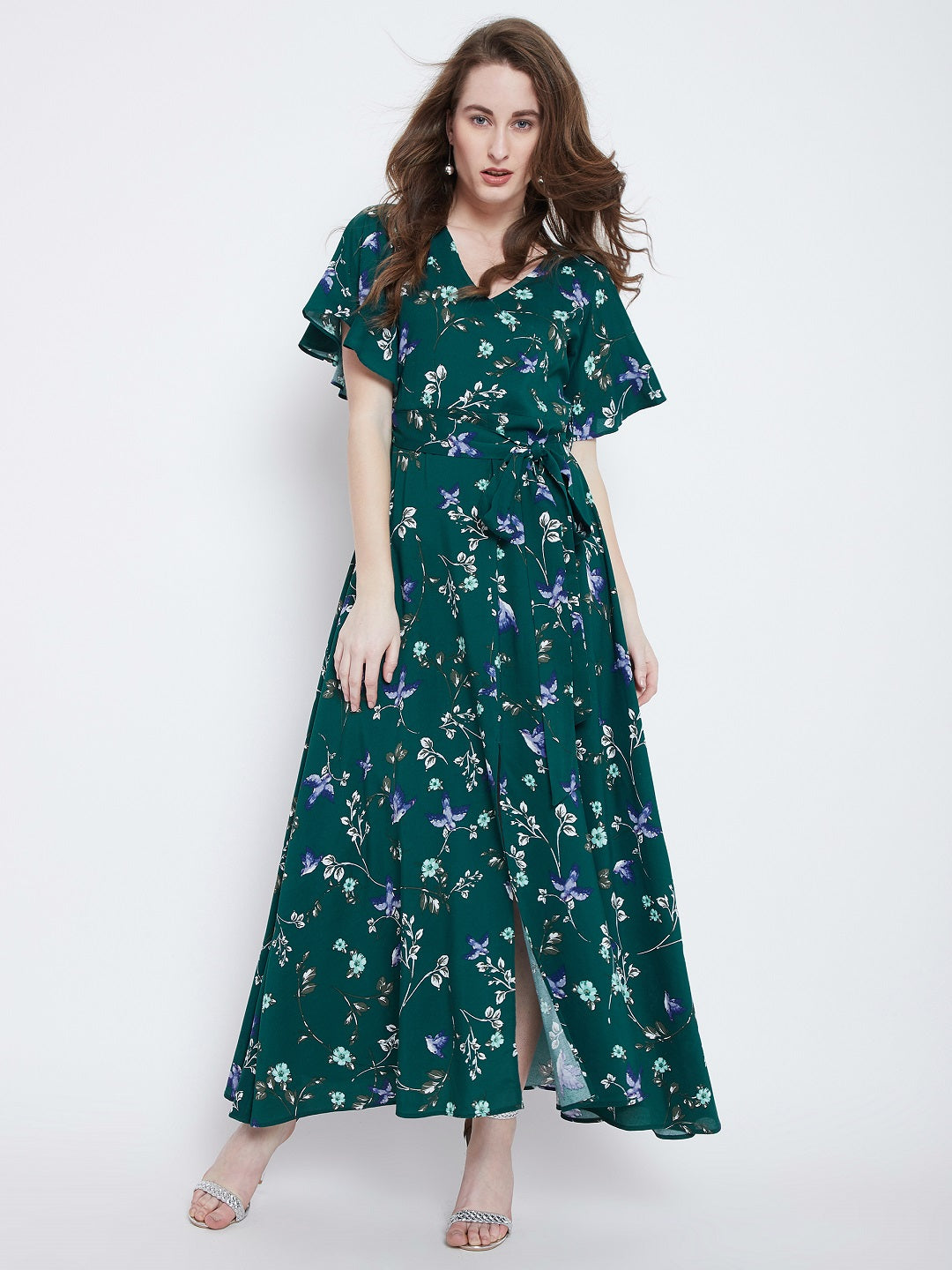 Berrylush Women Green Floral Printed V-Neck Waist Tie-Up Thigh-High Slit Maxi Dress