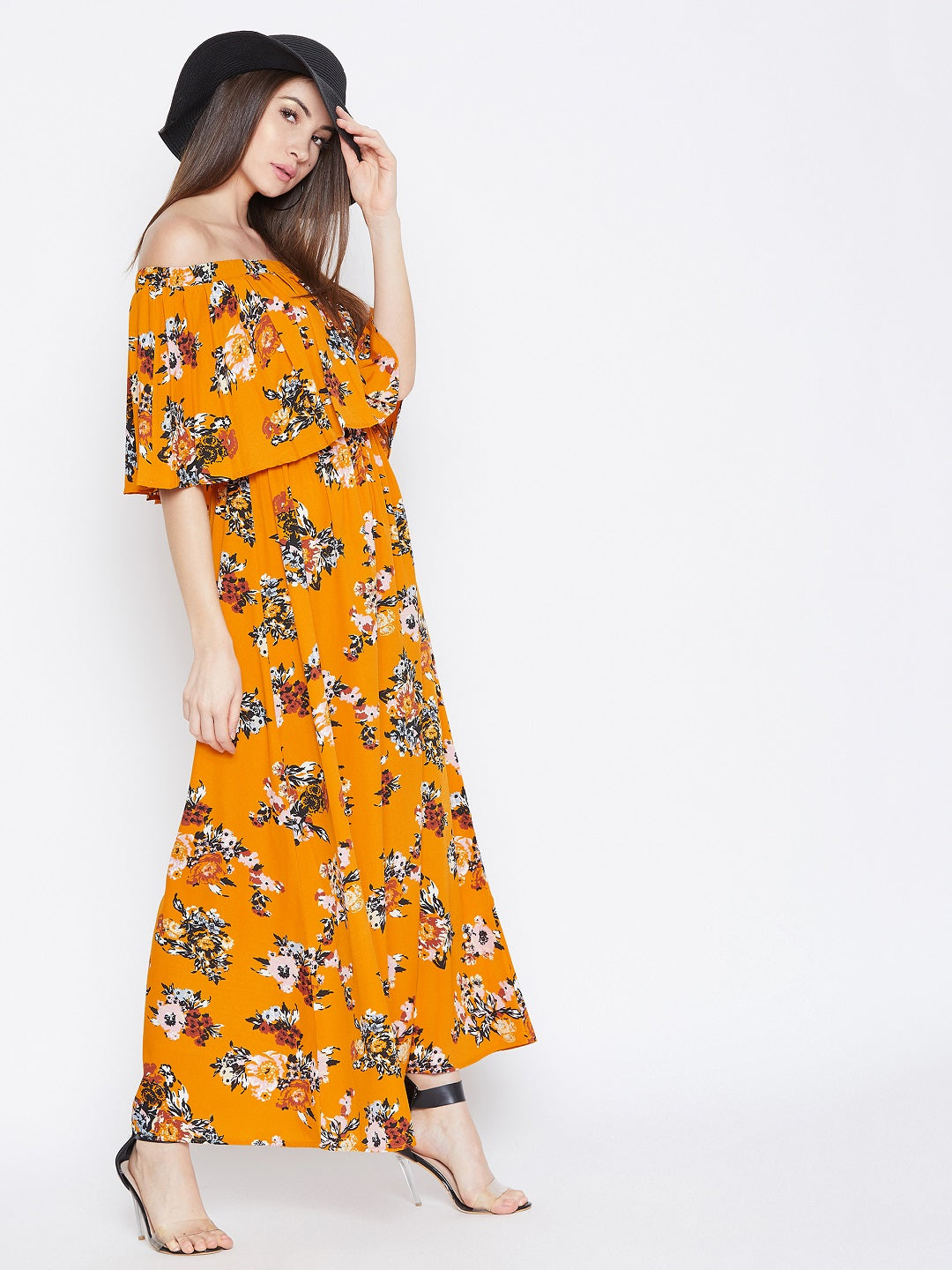Berrylush Women Mustard Yellow Floral Printed Off-Shoulder Neck Layere