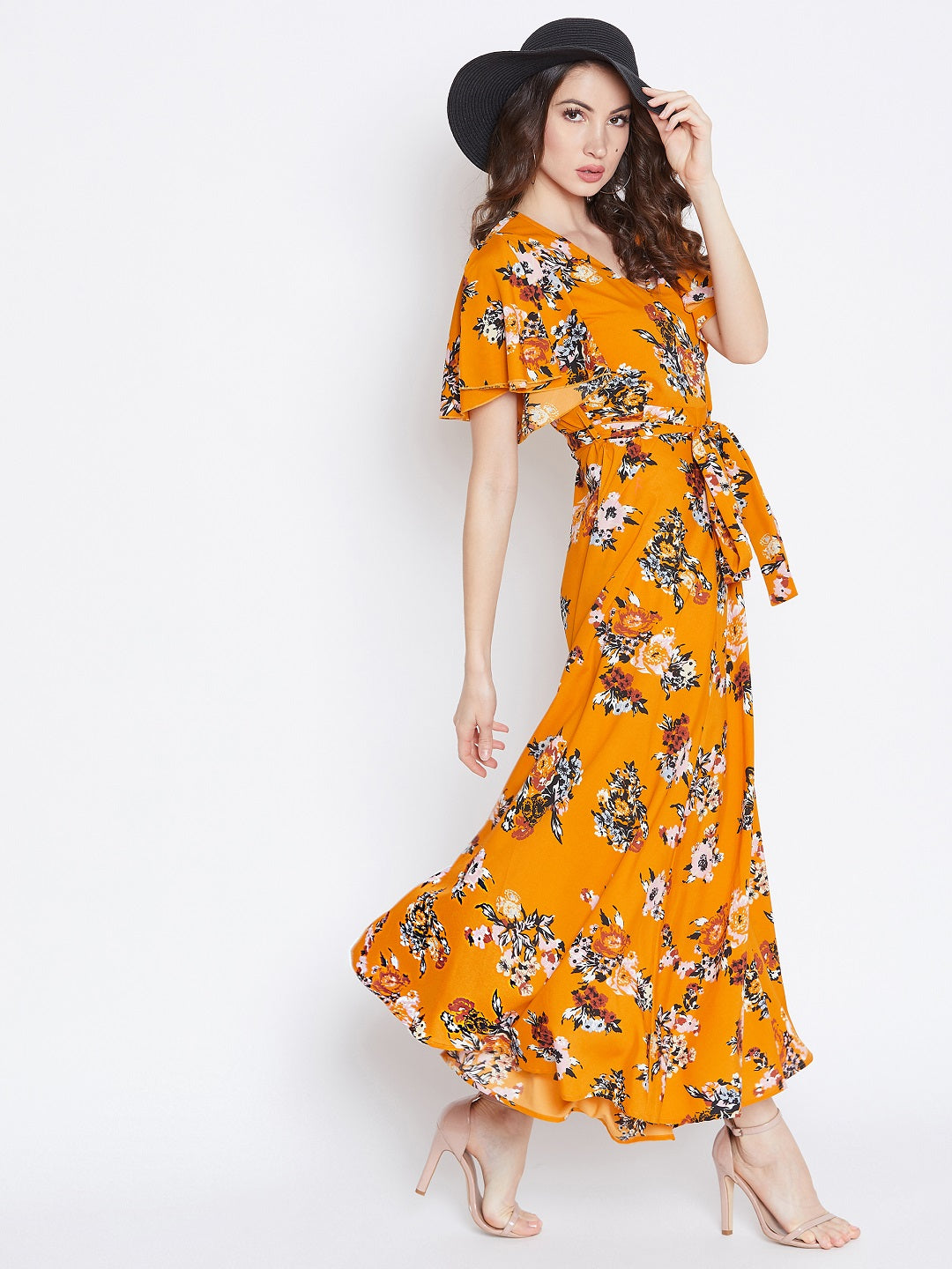 Women Mustard Yellow Floral Printed V-Neck Maxi Dress - Berrylush