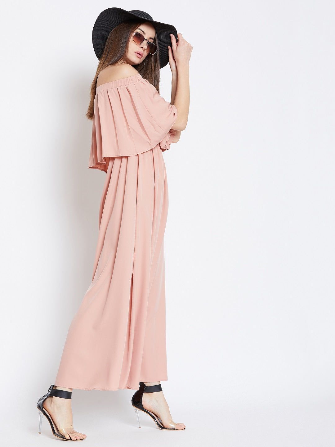 Berrylush Women Solid Pink Off-Shoulder Neck Cold-Shoulder Sleeves Flared Maxi Dress