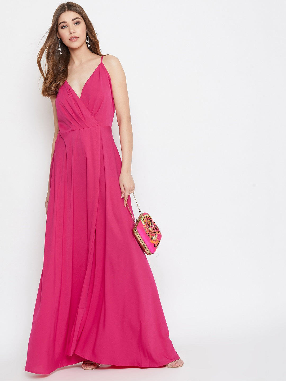 Berrylush Women Solid Pink V-Neck Sleeveless Pleated Maxi Dress
