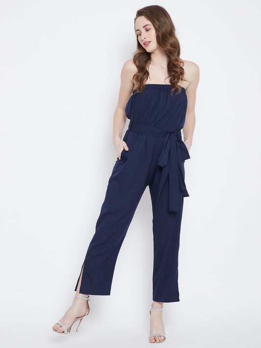 Navy Blue Solid Jumpsuit - Berrylush