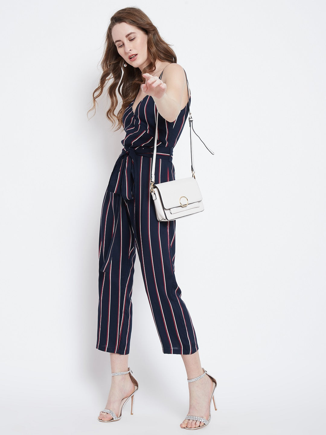 Navy Blue & Red Striped Capri Jumpsuit - Berrylush