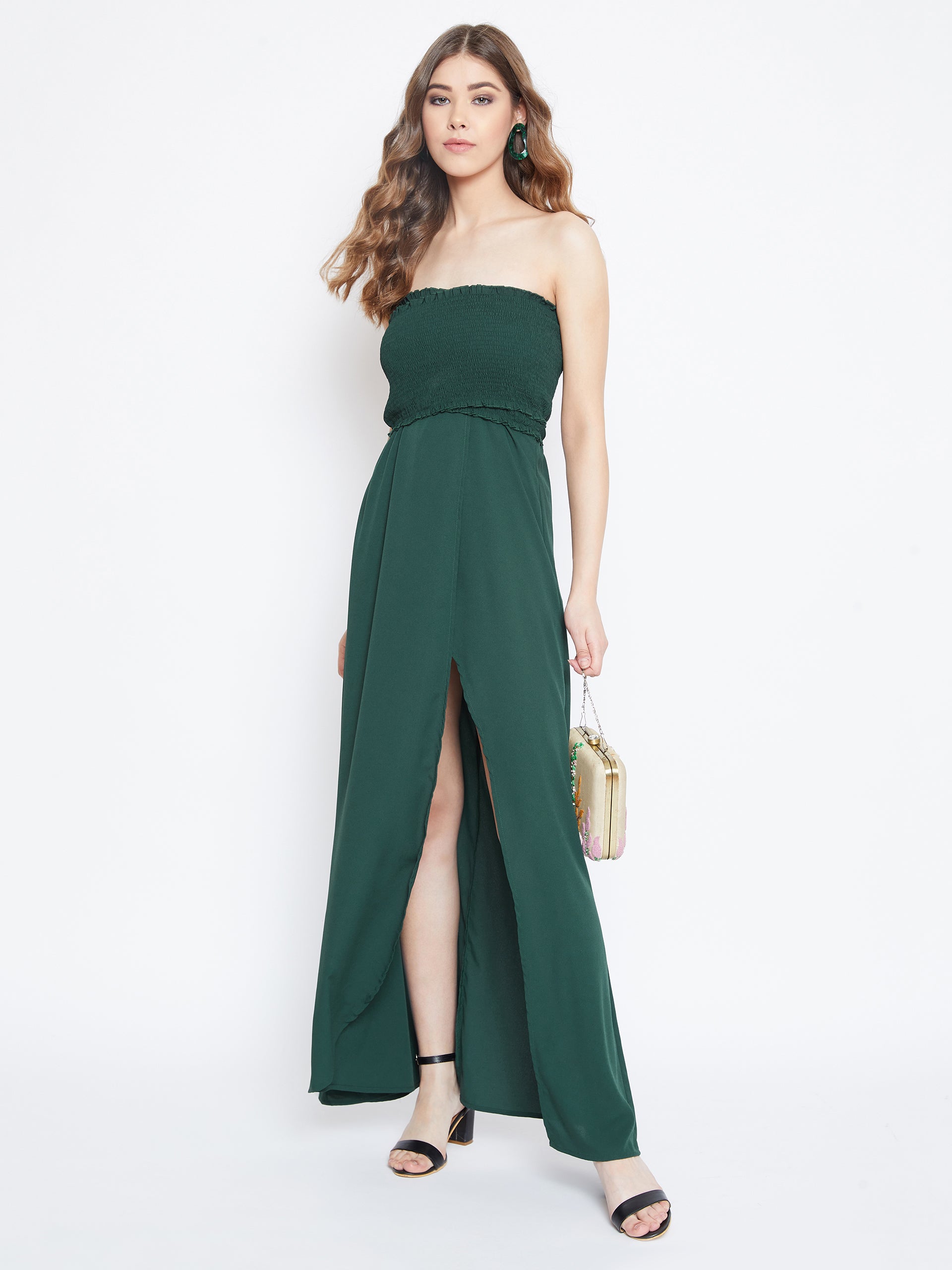 Berrylush Women Solid Green Front Slit Smocked Maxi Dress