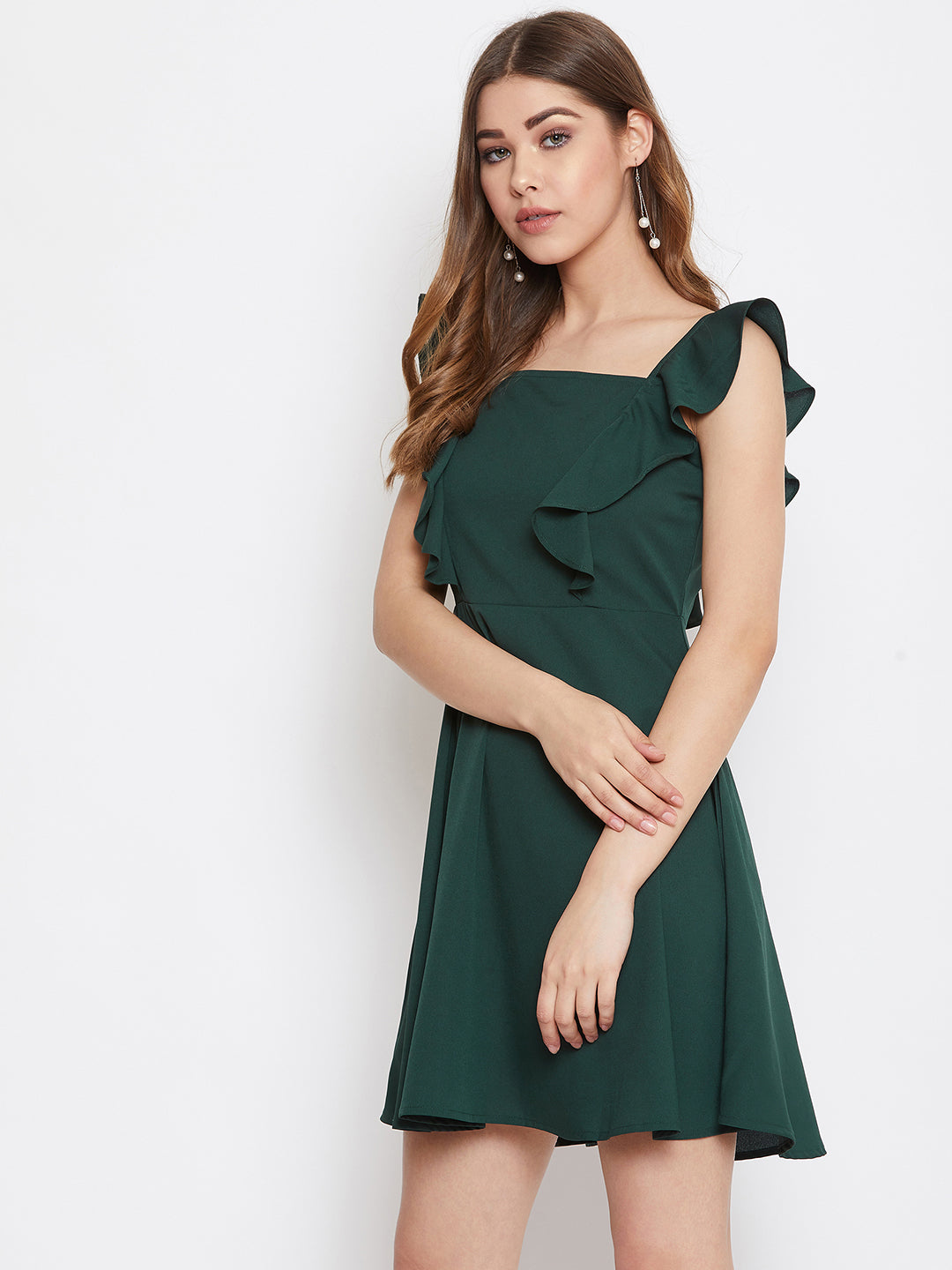 Berrylush Women Solid Green Sleeveless Ruffled Fit & Flare Mini Dress