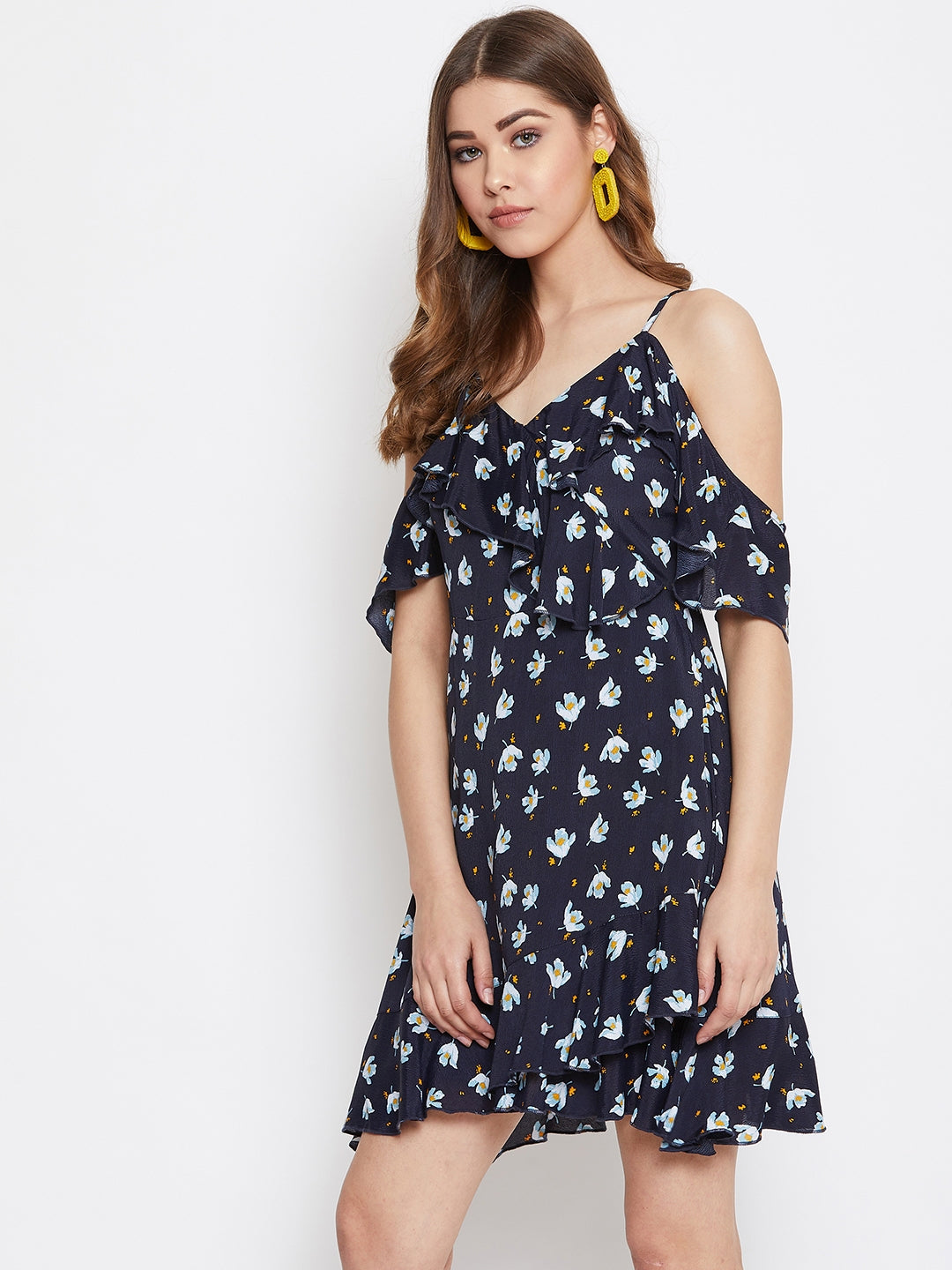 Berrylush Women Navy Blue & Beige Floral Printed V-Neck Ruffled Fit & Flare Mini Dress