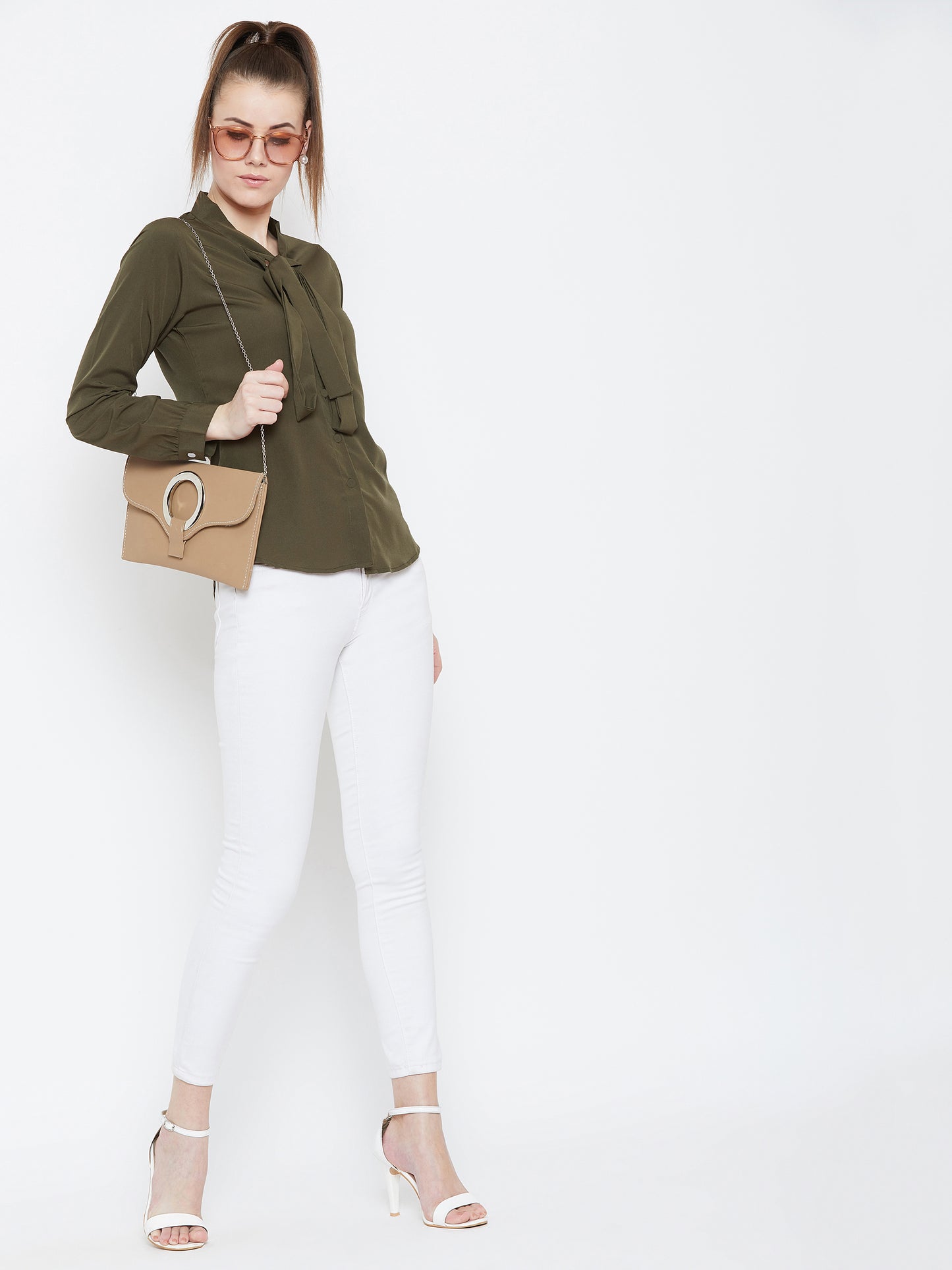 Berrylush Women Solid Olive Green Tie-Up Neck Cuffed Sleeves Shirt Style Top